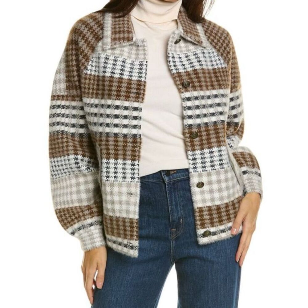 NVLT Eyelash Bomber Coatigan Jacket Plaid Houndstooth Tan Cream Brown Neutral XS